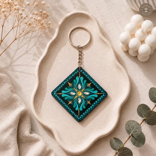 Teal Aura Hand-Painted Resin Mandala Keychain