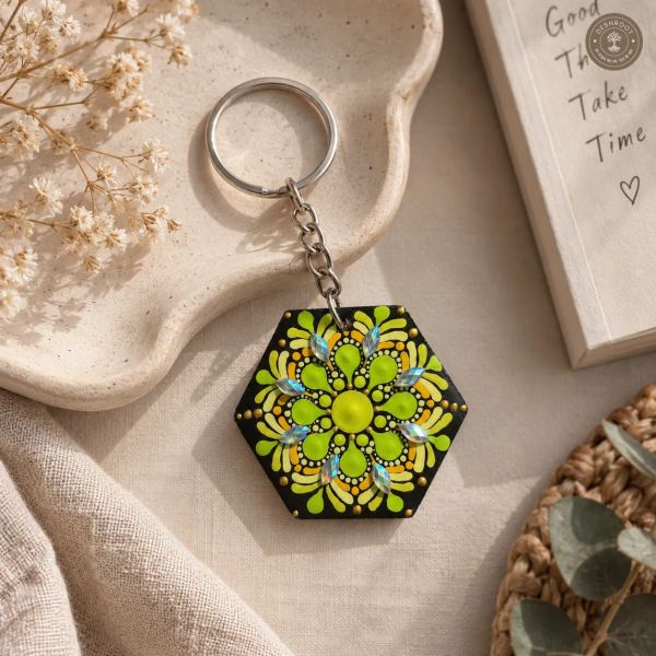 Lime Radiance Hand-Painted Resin Mandala Keychain