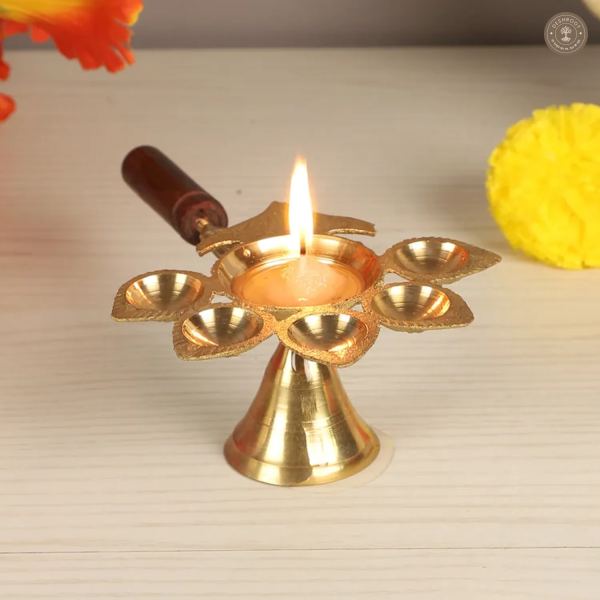Brass Panch Aarti with Wooden Handle