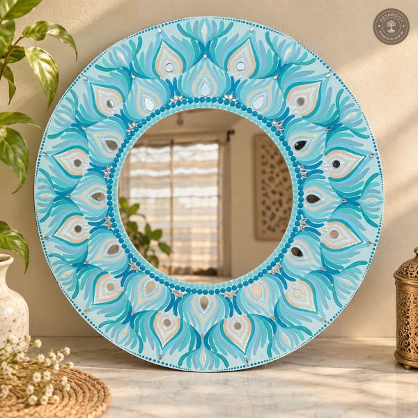 Ocean Bloom Hand-Painted Teal Mandala Mirror