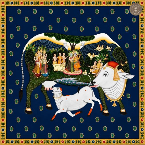 Kamadhenu Cow with Krishna Raas Leela Pichwai Painting