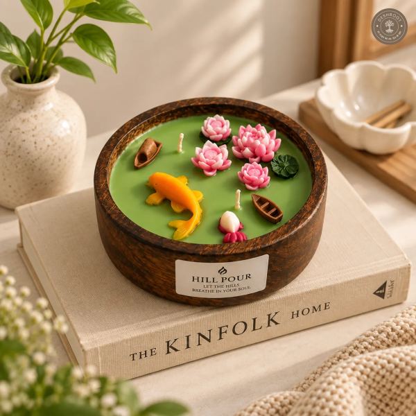 Hill Pour Lotus Pond Sandalwood Soy Wax Wooden Bowl Candle
