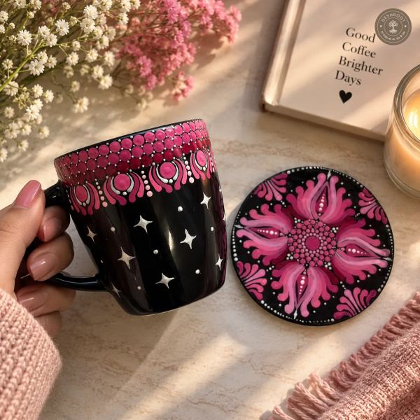 Rose Bloom Hand-Painted Mandala Mug & Coaster Set