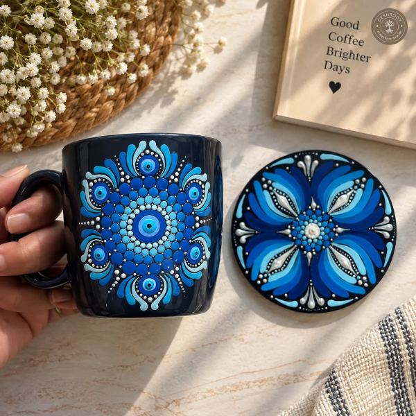Ocean Eye Hand-Painted Mandala Mug & Coaster Set