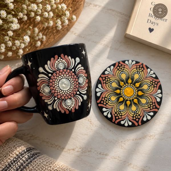 Sunlit Bloom Hand-Painted Mandala Mug & Coaster Set