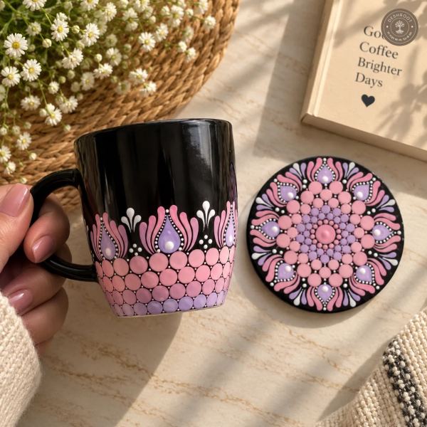 Blush Bloom Hand-Painted Mandala Mug & Coaster Set