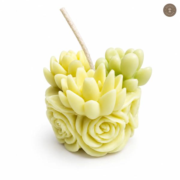 Handcrafted Lemon Floral Succulent-Style Candle with Sculpted Roses