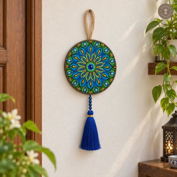Blue Meadow Hand-Painted Mandala Tassel Wall Hanging