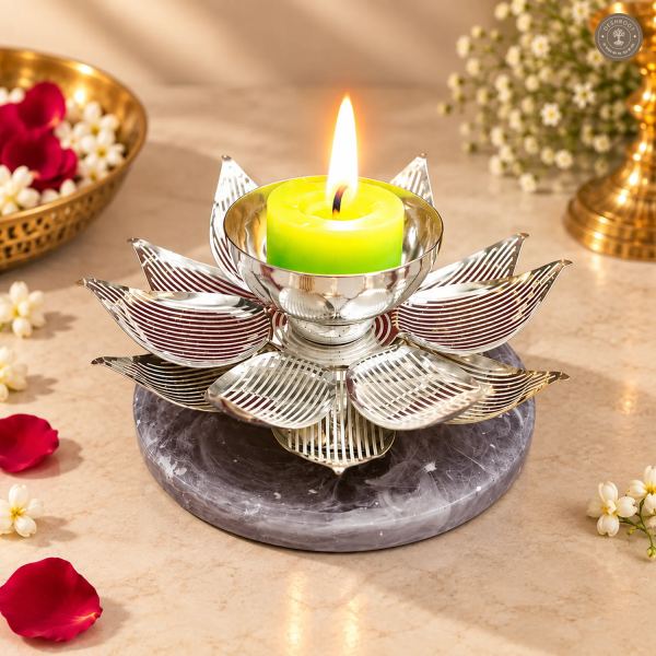 Silver Finish Steel Lotus Tea Light Holder with Resin Base