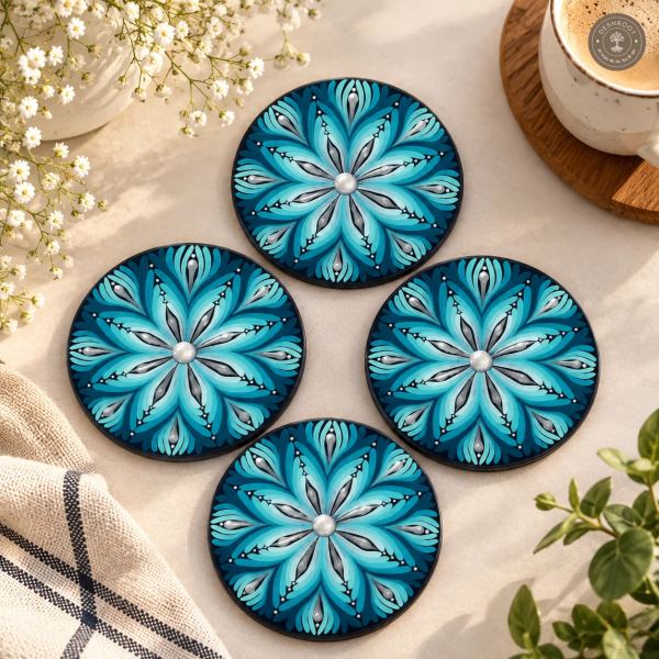 Aqua Petal Symphony Hand-Painted Resin Mandala Coasters - Set of 4
