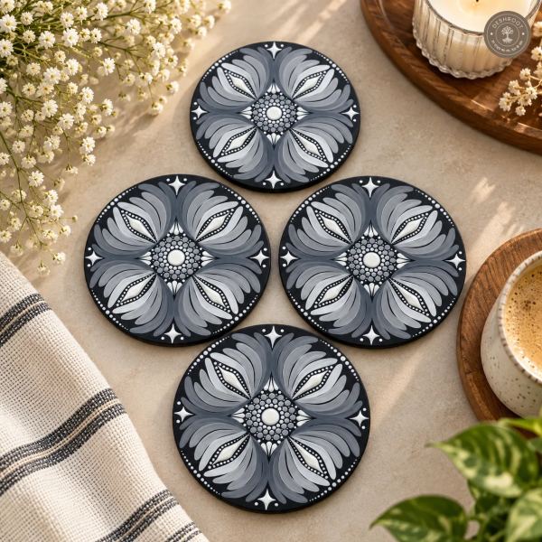 Silver Moon Petals Hand Painted Resin Dot Mandala Coasters - Set of 4