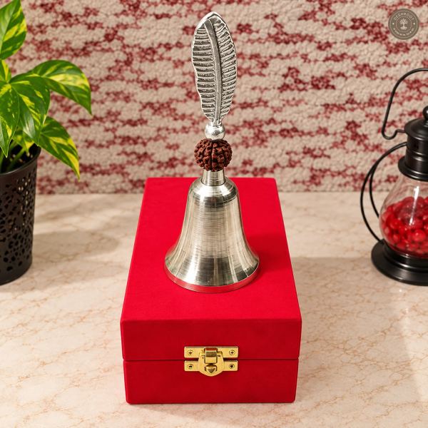 Silver Finish Pooja Bell with Peacock Feather & Rudraksha Design