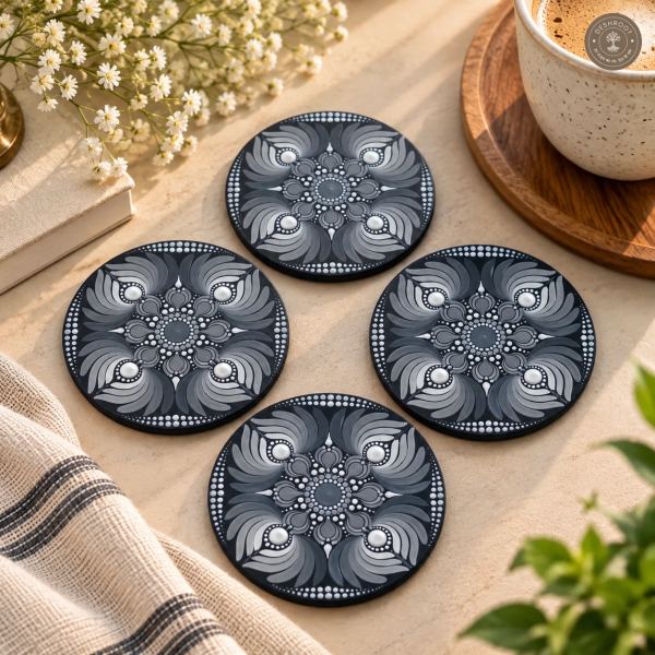 Silver Paisley Aura Hand-Painted Resin Dot Mandala Coasters - Set of 4