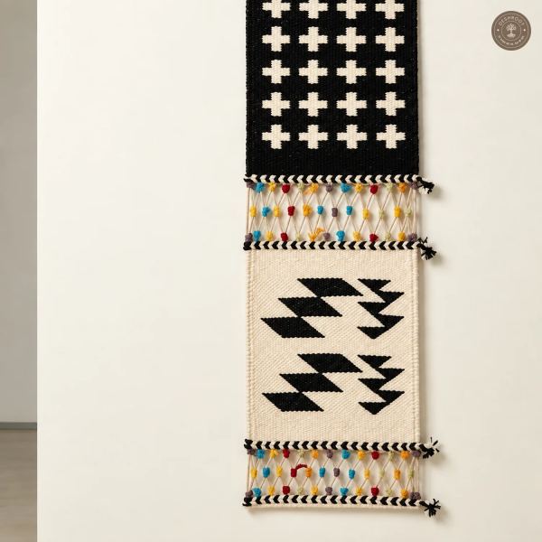 Handwoven Tribal Motif Wall Hanging with Colorful Tassel Detailing