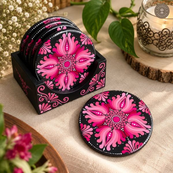 Pink Lotus Bloom Hand-Painted Resin Dot Mandala Coasters - Set of 4