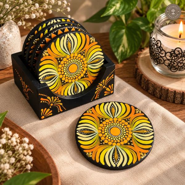 Golden Marigold Hand-Painted Resin Dot Mandala Coasters - Set of 4