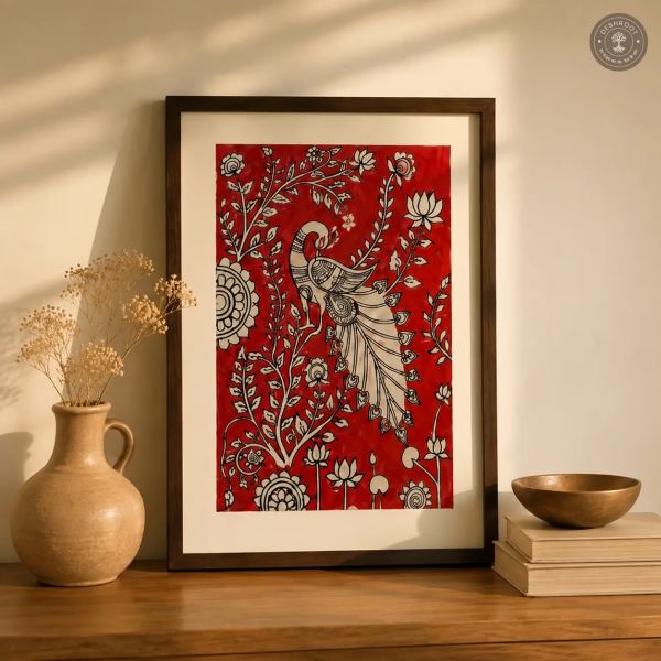 Traditional Kalamkari Painting – Handcrafted Peacock & Floral Motifs on Canvas