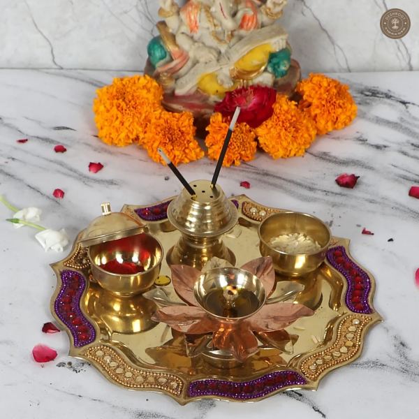 Purple & Gold Bras Pooja Thali