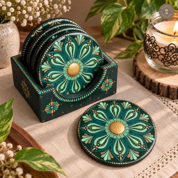 Verdant Aura Hand-Painted Resin Dot Mandala Coasters - Set of 4