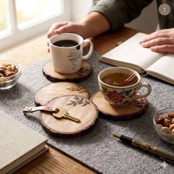 Forest Bark Wooden Coaster Set with Leaf Etching