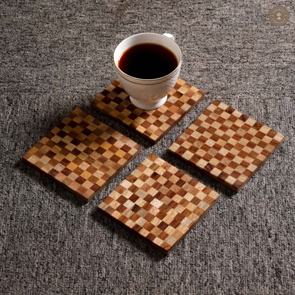 Wooden Mosaic Coaster Set Handcrafted MDF & Wood