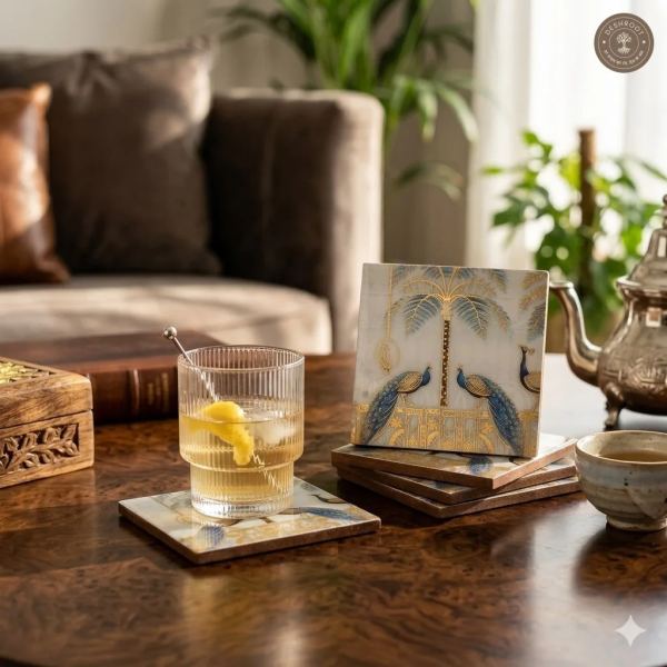Peacock & Gold Foil Coasters Set