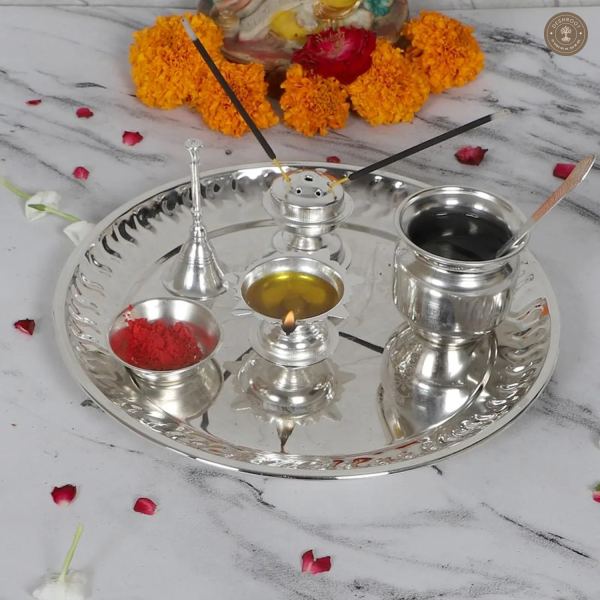 Silver Steel Pooja Thali With Velvet Box