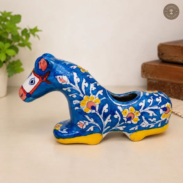 Handcrafted Blue Pottery Horse Planter – Jaipur Blue Pottery Ceramic Horse with Hand-Painted Floral Motifs for Plants, Home Décor & Gifting