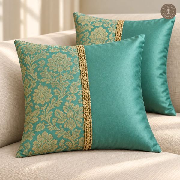 Royal Mehfil Turquoise Silk Cushion Covers with Floral Jacquard & Kasab Lace