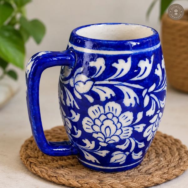 Handcrafted Jaipur Blue Pottery Ceramic Mug – Cobalt Blue Hand-Painted Floral Tea & Coffee Mug with Traditional Rajasthani Artisan Design