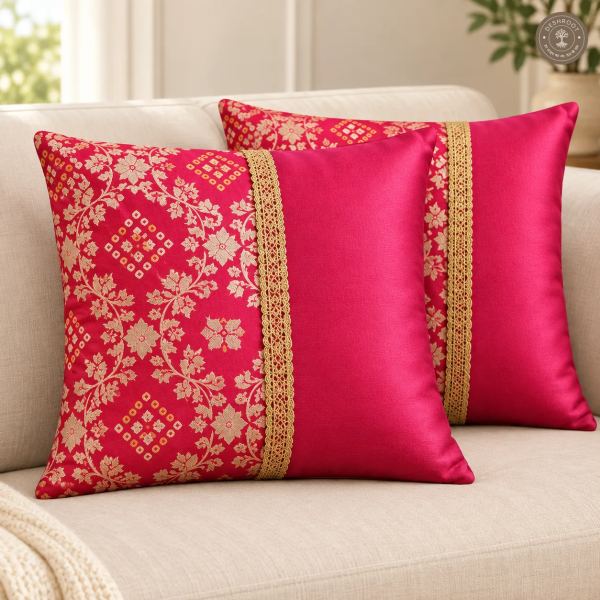 Pink Rajwada Floral Brocade Cushion Covers with Kasab Lace