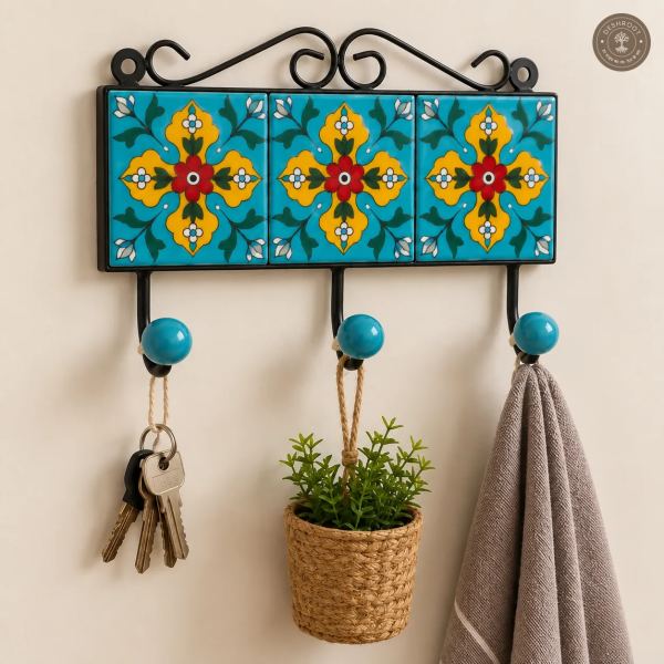 Handcrafted Jaipur Blue Pottery Triple Wall Hook – Hand-Painted Floral Ceramic Tiles with 3 Metal Hooks for Keys, Bags, Towels & Home Décor