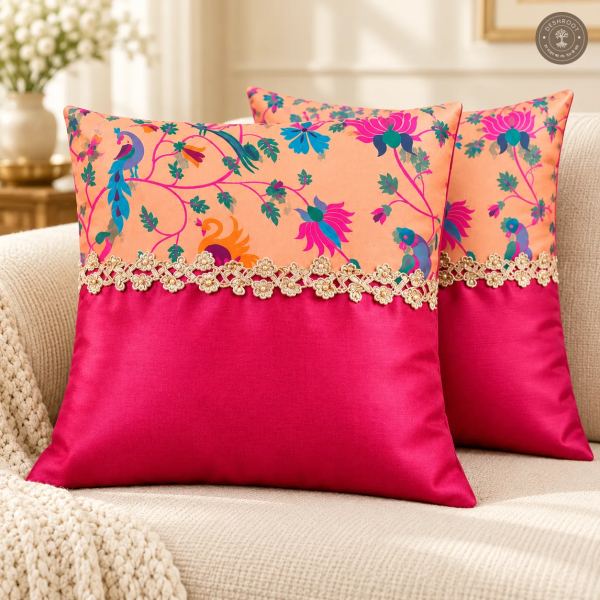 Floral Elegance Peacock Print Silk Cushion Covers with Kasab Lace