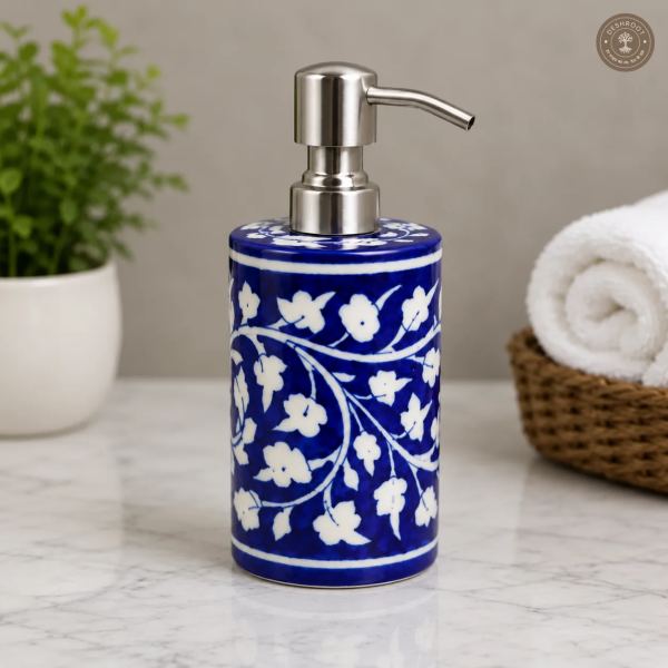 Handcrafted Jaipur Blue Pottery Ceramic Soap Dispenser – Cobalt Blue & White Floral Hand-Painted Liquid Soap Pump for Bathroom & Kitchen
