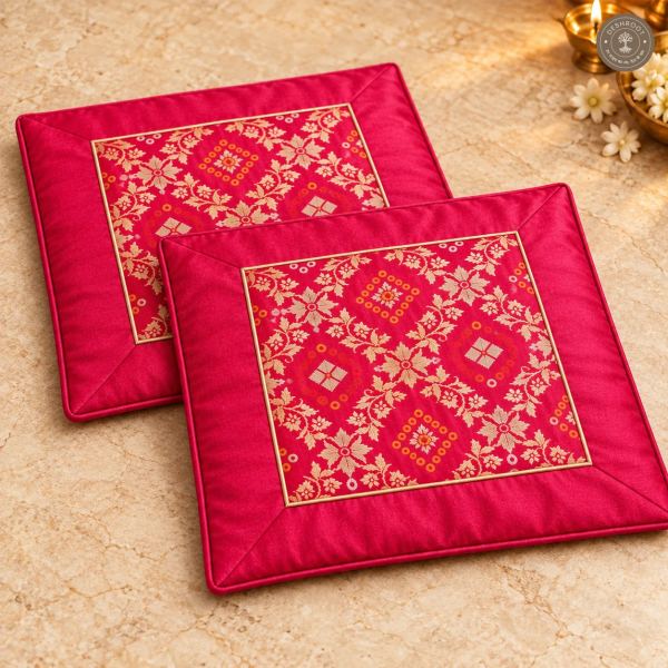 Gulabi Prarthana Floral Rangoli Silk Pooja Aasan with Golden Lace