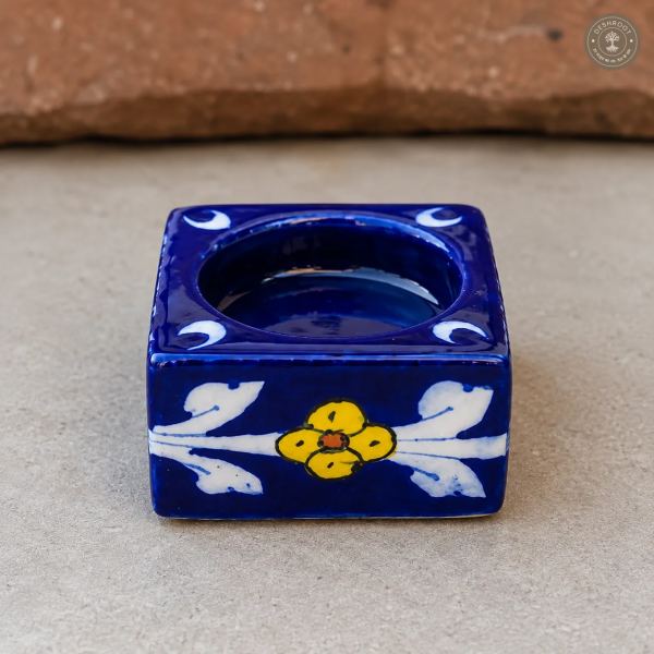 Handcrafted Jaipur Blue Pottery Ceramic Tealight Candle Holder – Cobalt Blue Floral Square Candle Holder with Hand-Painted Design for Home Décor & Gifting