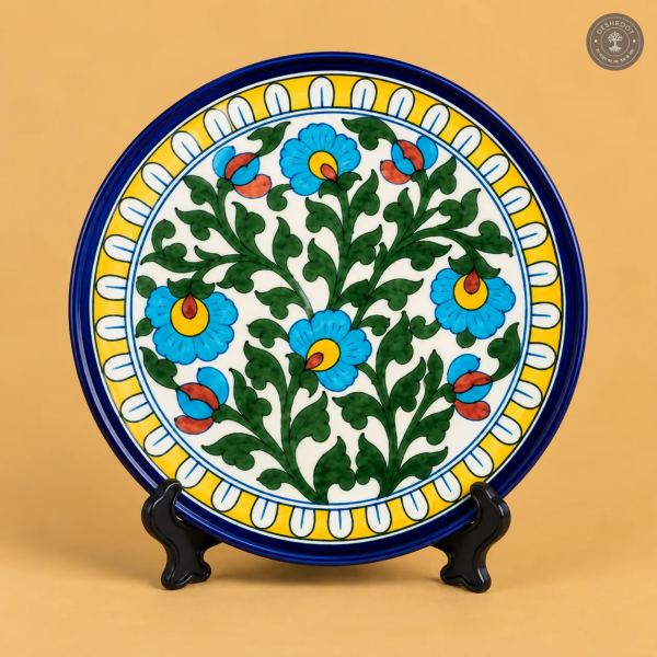 Handcrafted Jaipur Blue Pottery Decorative Ceramic Plate – Hand-Painted Floral & Vine Wall Plate for Traditional Home Décor, Table Display & Gifting