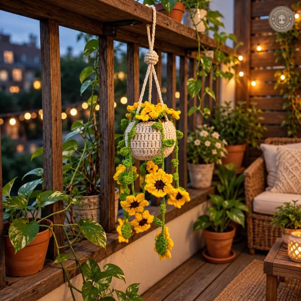 Handmade Crochet Hanging Basket - Knitted Sunflower Vine Planter for Balcony, Window & Wall Decor