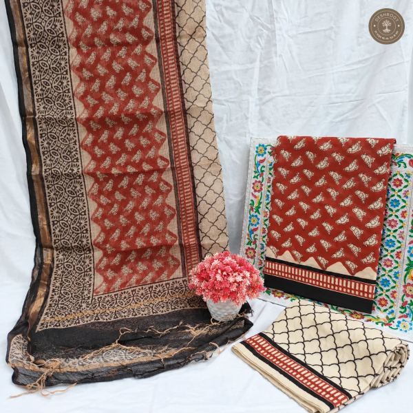 Bagru Hand Block Printed Cotton Suit with Kota Doriya Dupatta | Unstitched 3 Piece Dress Material for Women