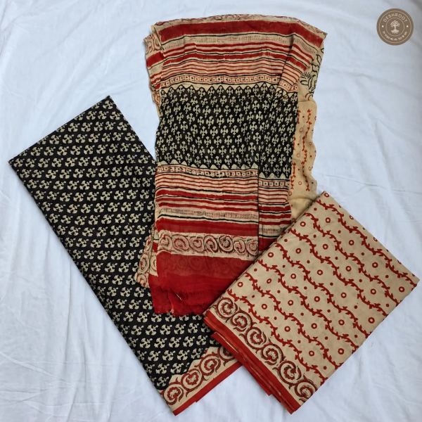 Bagru Hand Block Printed Cotton Suit Set with Chiffon Dupatta | Unstitched 3 Piece Dress Material for Women