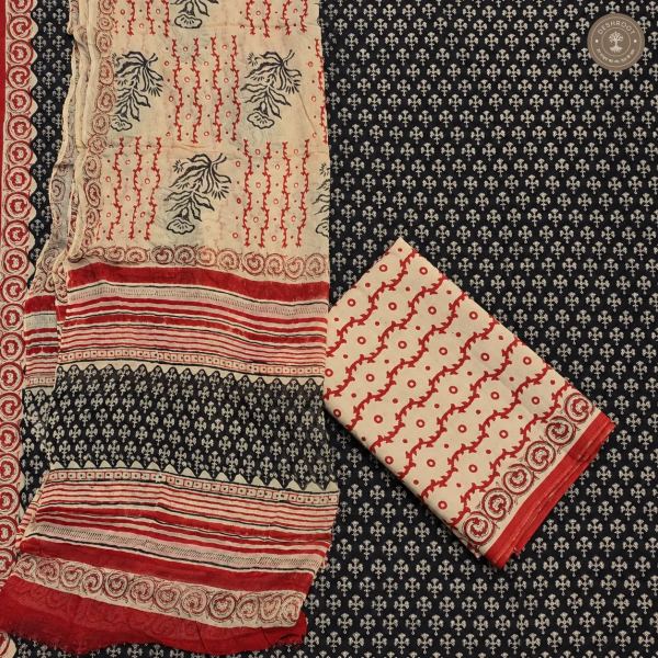 Bagru Hand Block Printed Cotton Suit Set with Chiffon Dupatta | Unstitched 3 Piece Dress Material for Women