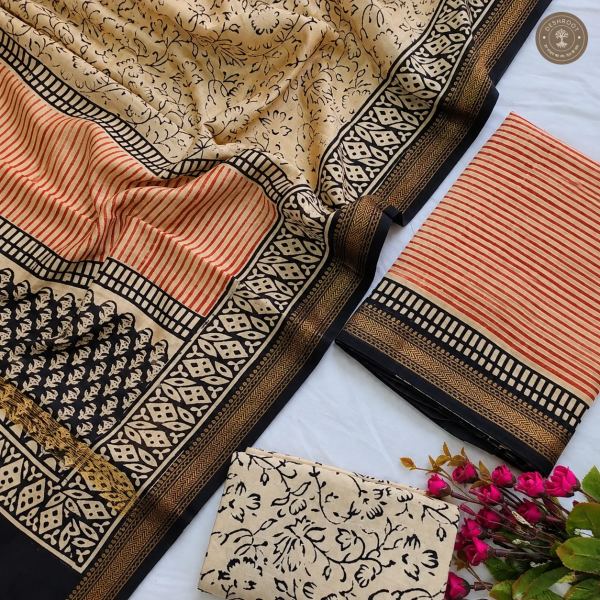 Maheshwari Silk Hand Block Printed Suit Set with Dupatta | Unstitched 3 Piece Dress Material for Women