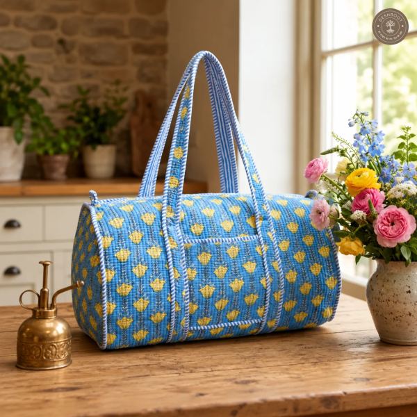 Handcrafted Quilted Blue Floral Duffle Bag