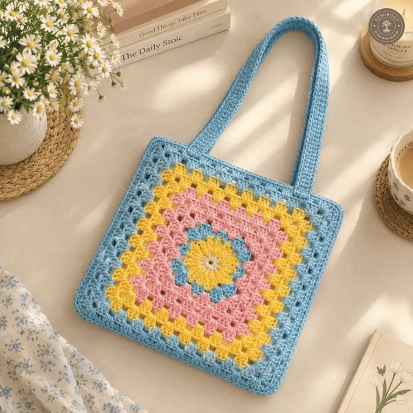 Handmade Crochet Granny Square Tote Bag - Cotton Knitted Shoulder Bag for Women