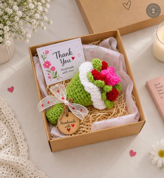 Handmade Crochet Flower Bouquet Gift - Knitted Rose Bouquet with Gift Box