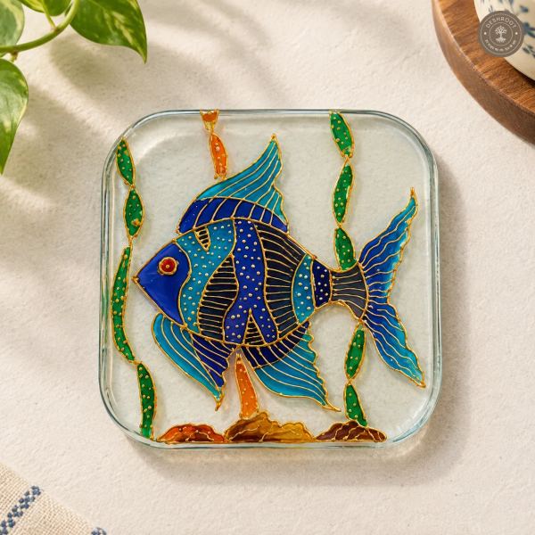 Hand Painted Tropical Fish Glass Coaster - Intricate Blue Fish Artwork with Gold Detailing