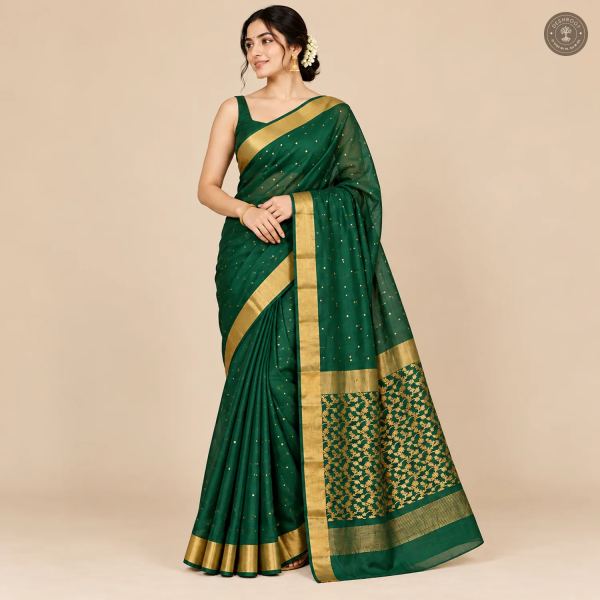 Bottle Green Katan Silk Saree with Ghani Buti & Floral Jaal Pallu