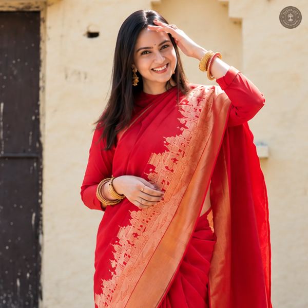 Red Soft Silk Saree with Kashi Ghat Temple Border & Contrast Pallu