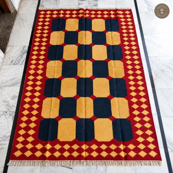 Maroon & Navy Checkerboard Geometric Handwoven Durrie