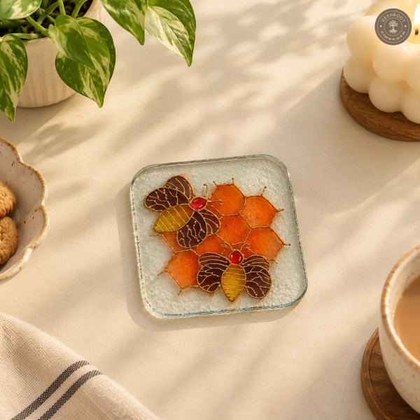 Hand Painted Honeybee Glass Coaster - Honeycomb Inspired Floral Artwork